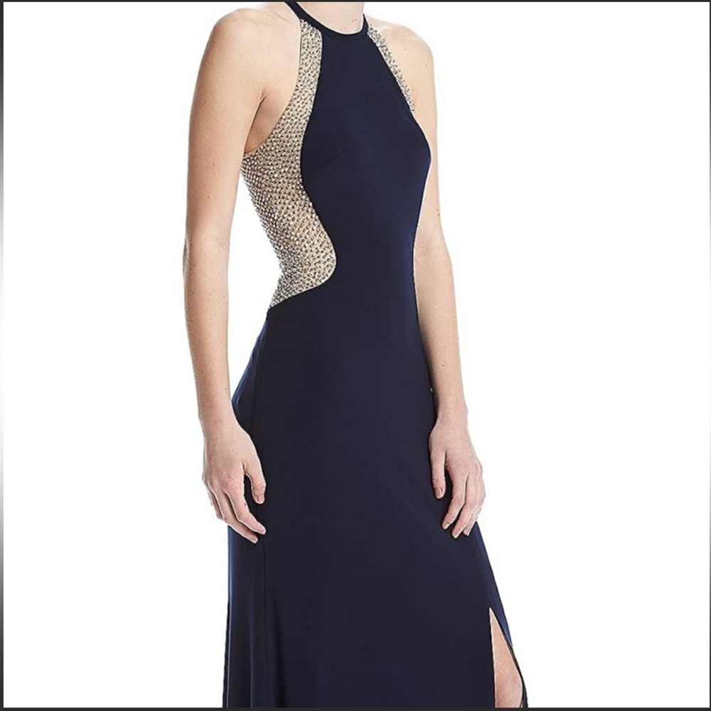 Xscape navy beaded halter dress size 16W